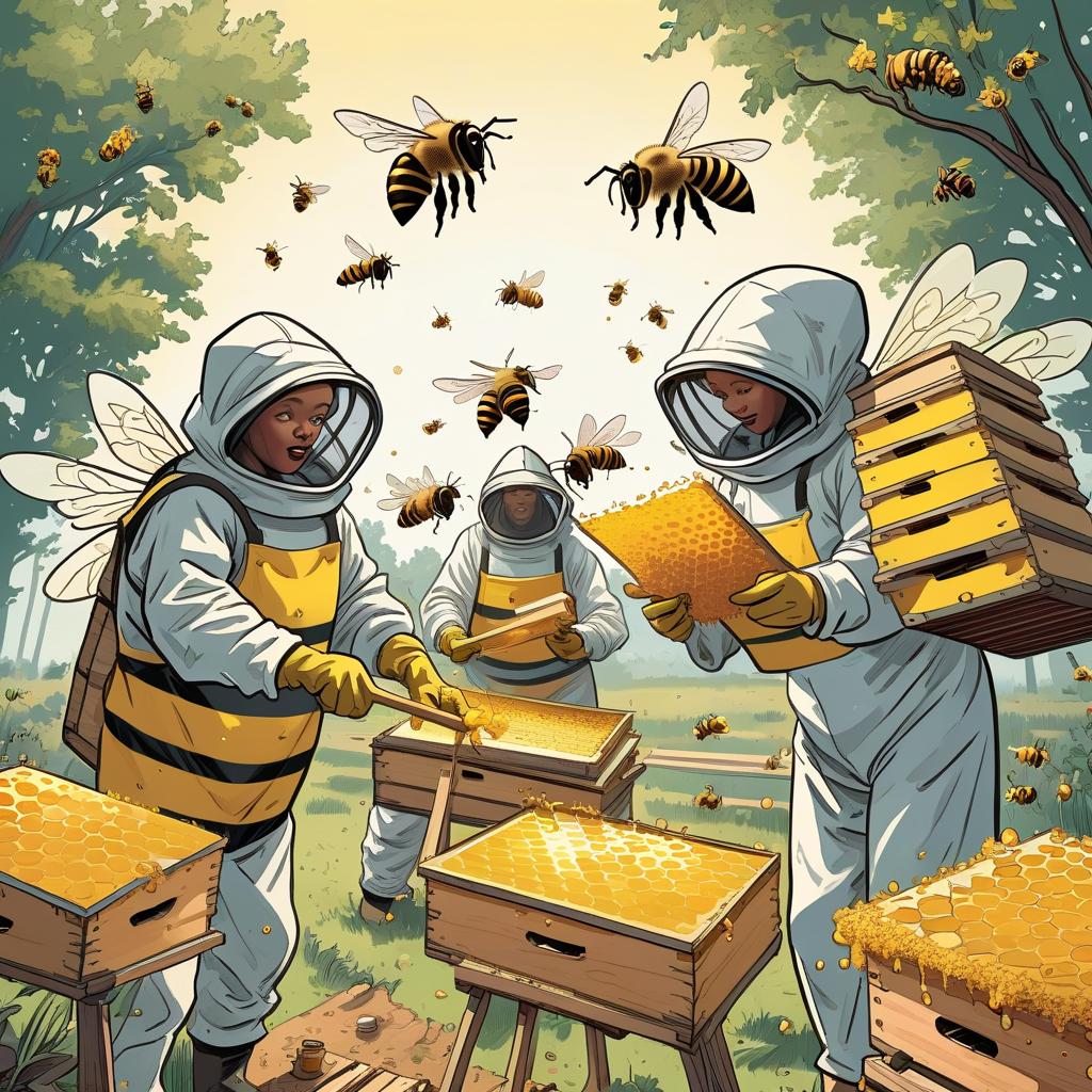  colored comic book image. several beekeepers in the apiary, collecting honey. there are huge bees flying around.