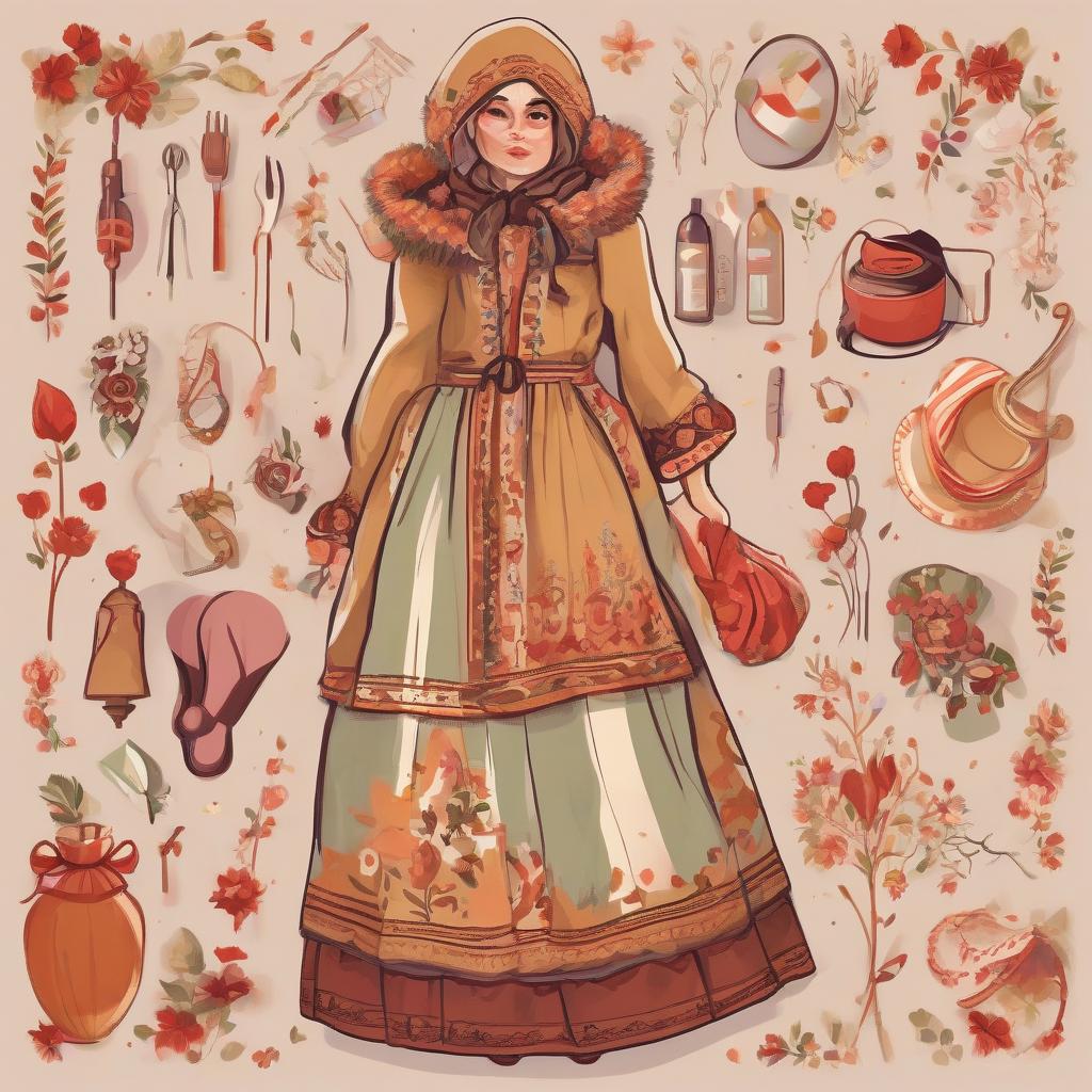  full height. create a concept of women's outfit. belarusian culture holidays "maslenitsa", 2d illustration in digital style