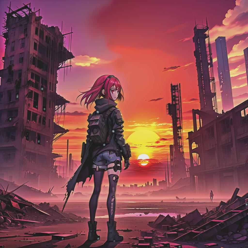  anime artwork high quality anime image of a woman standing in a post apocalyptic landscape with ruined buildings, cyberpunk art, the red sunset . anime style, key visual, vibrant, studio anime, highly detailed