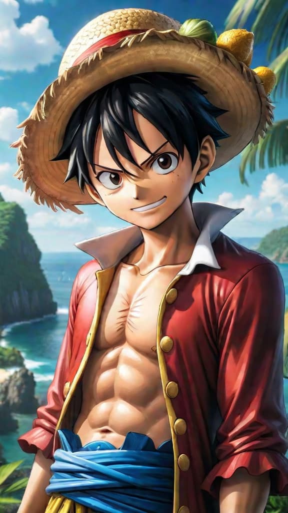  create an anime art of luffy from one piece unraveling the ancient connection between devil fruits and ancient weapons. hyperrealistic, full body, detailed clothing, highly detailed, cinematic lighting, stunningly beautiful, intricate, sharp focus, f/1. 8, 85mm, (centered image composition), (professionally color graded), ((bright soft diffused light)), volumetric fog, trending on instagram, trending on tumblr, HDR 4K, 8K