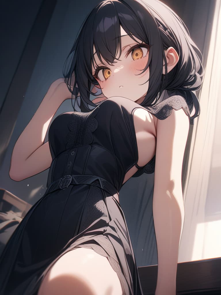  black hair, yellow eyes, slightly hanging, relentless, , cute, , black dress, tsundere, masterpiece, best quality,8k,ultra detailed,high resolution,an extremely delicate and beautiful,hyper detail