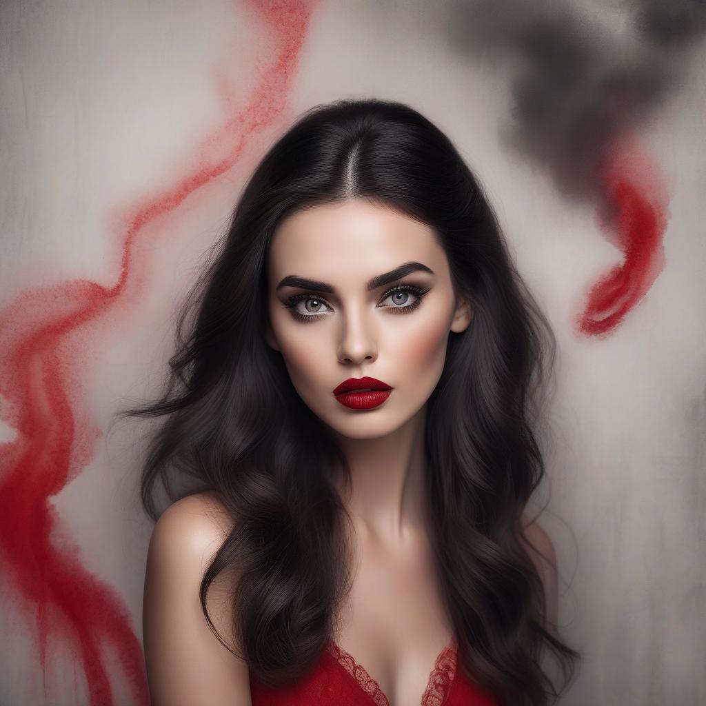  a portrait of a woman with voluminous dark hair, striking red lips, smoky eye makeup, and a painterly, smudged background. gorgeous model, smooth and realistic portrait, smooth and intricate, high definition, realistic, clear and detailed eyes, hi res, photorealistic, nikon z9, 85mm f1.2, dof, smooth and realistic