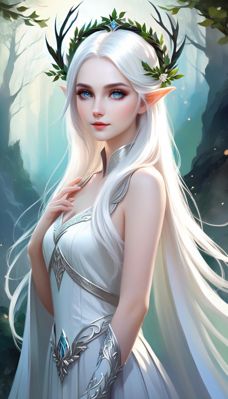  ethereal fantasy concept art of portrait, pale elven female, white hair and eyes, with black fethered wreath, standing with her back in a half turn, abstract background . magnificent, celestial, ethereal, painterly, epic, majestic, magical, fantasy art, cover art, dreamy, perfect hands