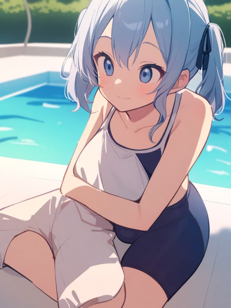  women's elementary students (male), twin tails, cute smiles, (rich s), short stature, dark blue swimwear, old swimwear, swimwear, simple, (upward), upward, (bulge), front, whole body, pool side ,,,