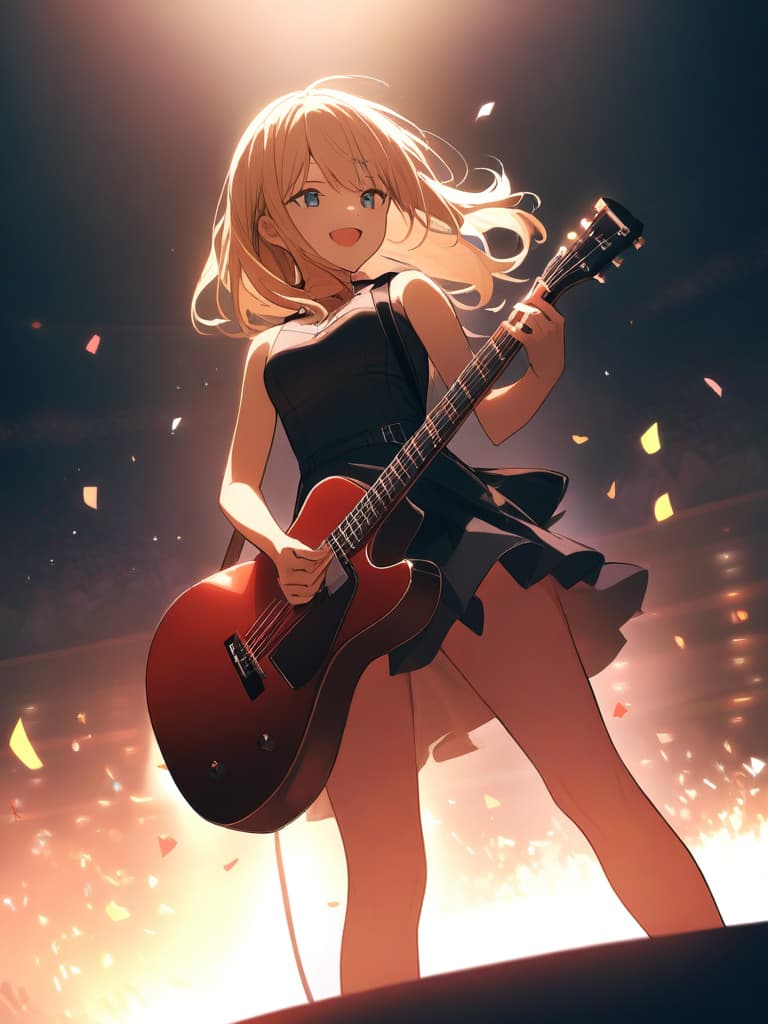  masterpiece,perfect shadow,spotlight,one girl,blonde hair,blue eyes,sweat,swaying hair,playing electric guitar,happy smile,singing,confetti,concert,high quality,super resolution,super sensitive,16k