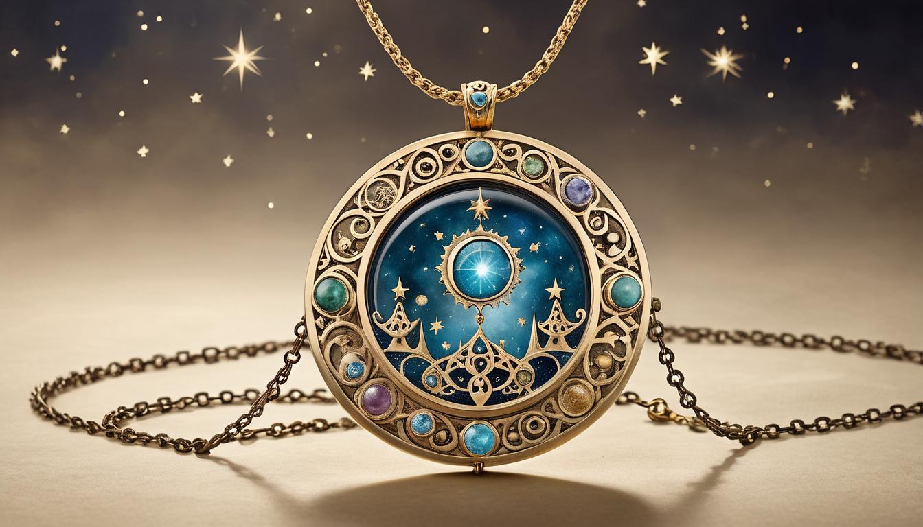  on parchment, surrealism+++, a pendant on a chain, intricately designed with celestial motifs and a central gemstone, floating in a void of stars, emanating a powerful glow, symbolic, gravitational pull, unearthly beauty(mysterious, provocative, symbolic,muted color)+++