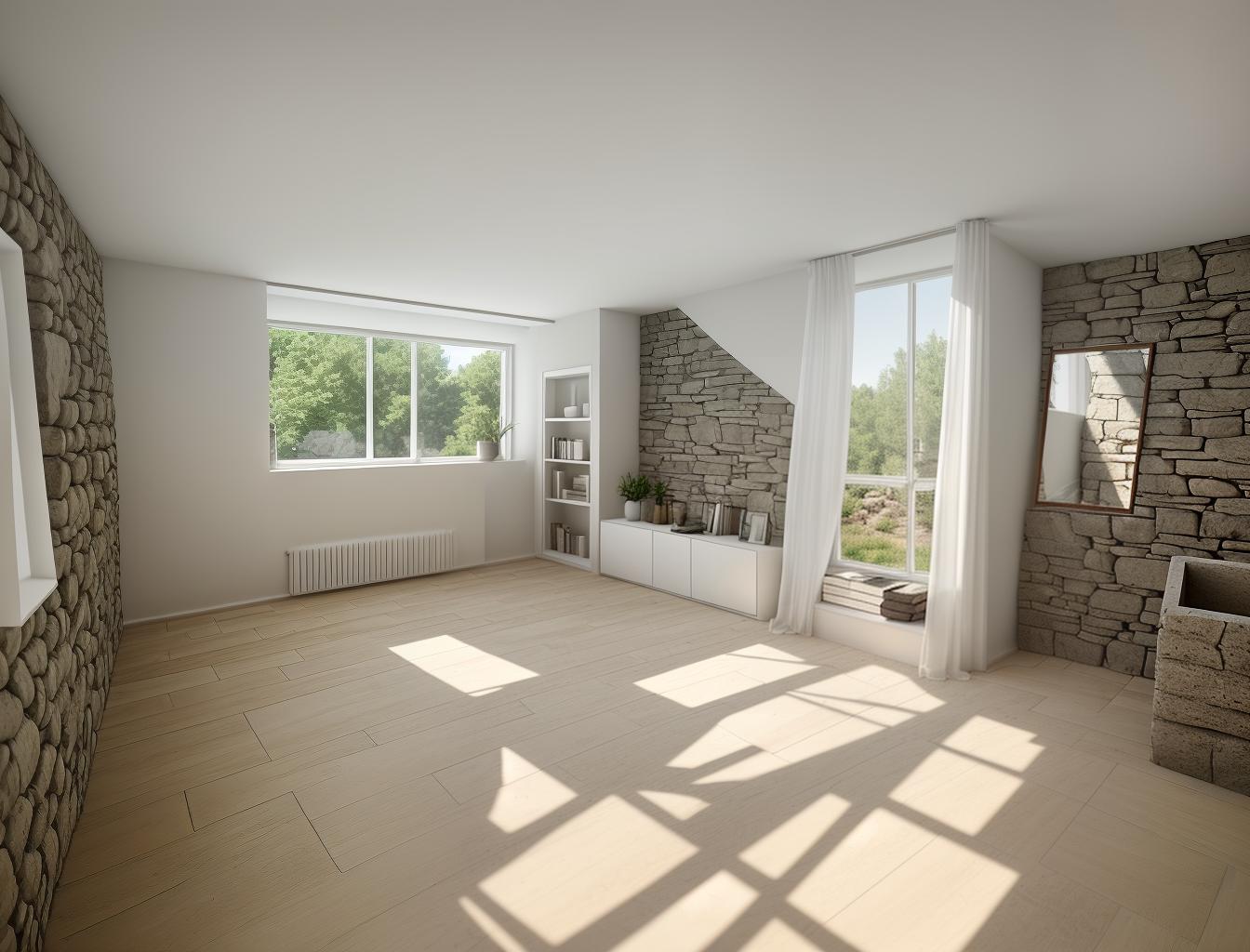  create a photorealistic image of a minimalist room with a stone wall and a large window. the stone wall should add texture and depth to the clean, modern design, while the window brings in natural light, enhancing the room's airy feel.