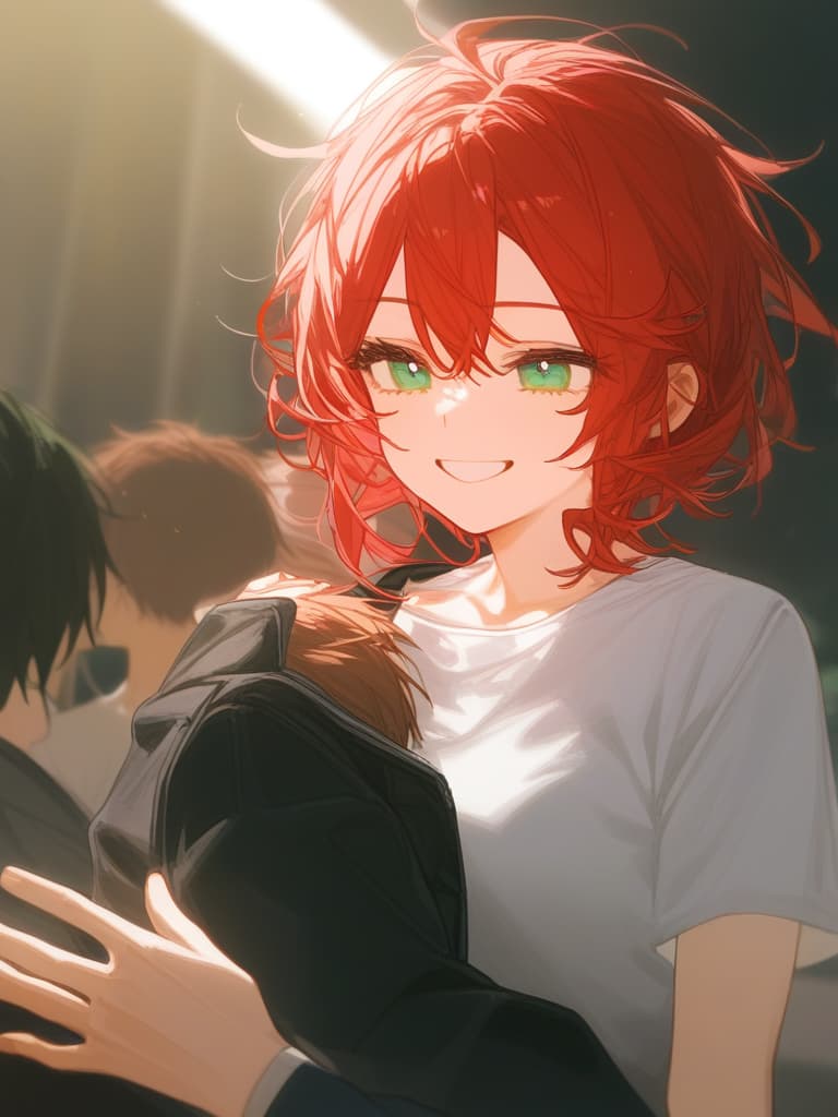  (adam’s apple:1.4),(boys:1.3),(red hair),(short hair:1.3),emerald green eyes,smile,(messy hair),from front,black jacket,white t shirt,ultra detailed,hair tie,froward hands,