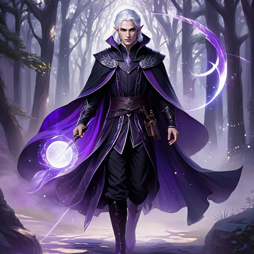  ethereal fantasy concept art of a half elf wizard with a black cloak with purple and silver accents with purple eyes and white hair. magnificent, celestial, ethereal, painterly, epic, majestic, magical, fantasy art, cover art, dreamy