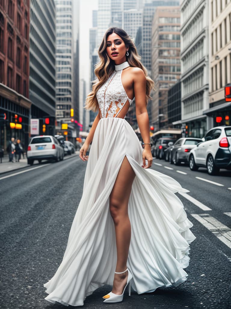  white long dress, white high heels, flesh colored stockings, long hair, high cold hyperrealistic, full body, detailed clothing, highly detailed, cinematic lighting, stunningly beautiful, intricate, sharp focus, f/1. 8, 85mm, (centered image composition), (professionally color graded), ((bright soft diffused light)), volumetric fog, trending on instagram, trending on tumblr, HDR 4K, 8K