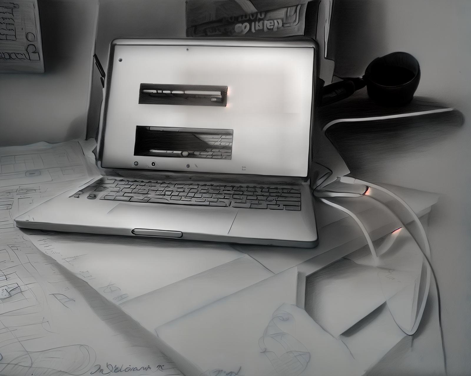  a hyper realistic pencil ,hand drawn professional pencil sketch of a laptop is open on a desk with a book on the wall that says ' debian ' on it , bw, masterpiece, sketch, best quality, sketch, grain
