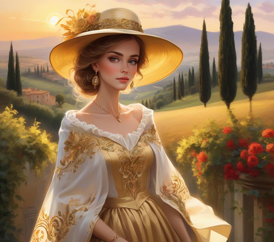  an elegant woman in a wide brimmed hat and ornate dress stands before a golden tuscan landscape at sunset majestic italian noblewoman, detailed eyes, proud countenance, flowing dark hat, captivating gaze, ornate clothing, elaborate accessories, billowing scarves, theatrical presence, twilight in tuscany, undulating landscapes, iconic cypress groves, rich golden sunrays, luxurious textures, fine details, vibrant colors, italian elegance, skilled brushwork, enchanting atmosphere, high resolution digital painting.