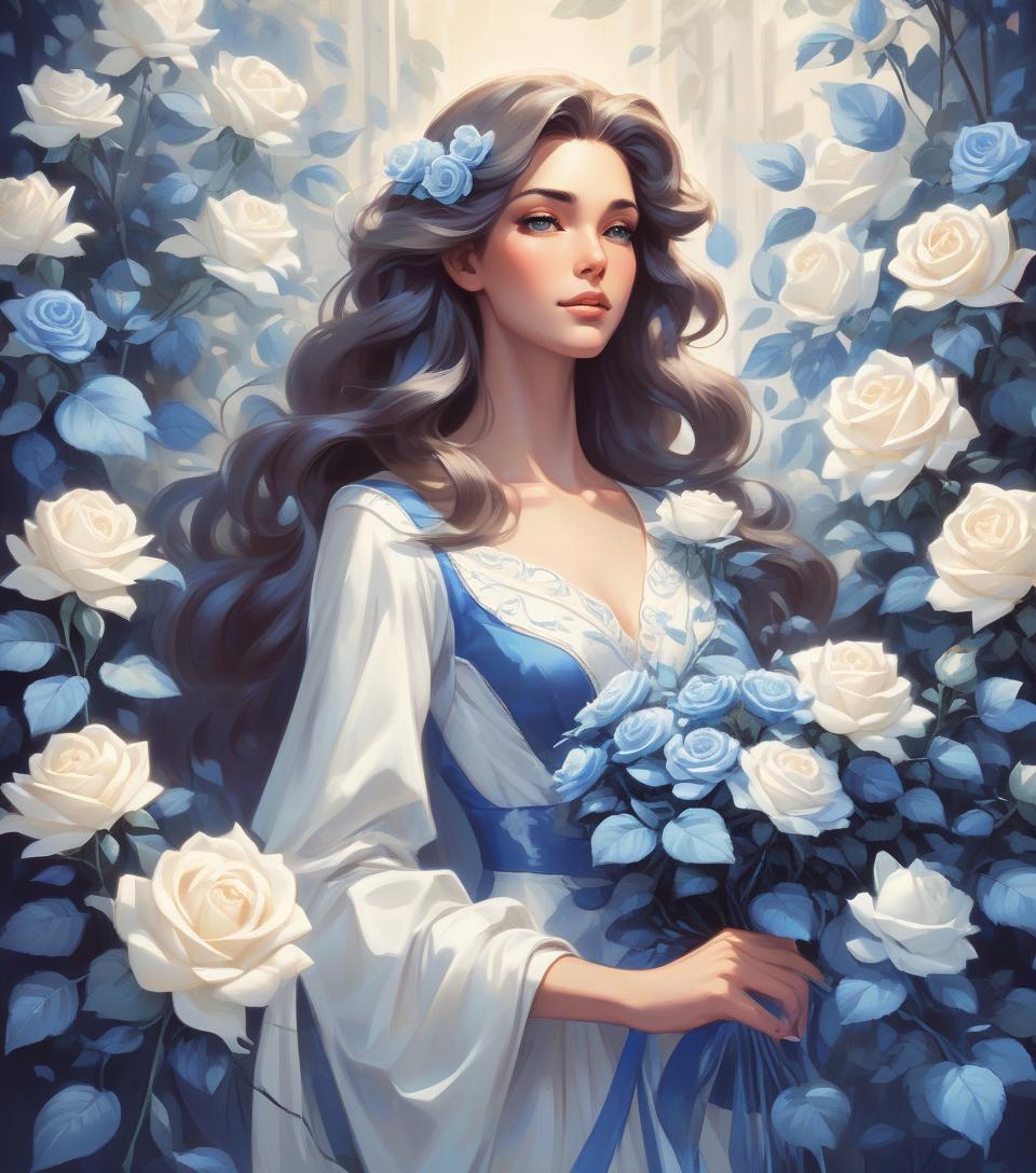  retro game art a serene woman with flowing hair holds blue and white roses, surrounded by soft light and delicate leaves, embodying grace and beauty in a captivating portrait . 16 bit, vibrant colors, pixelated, nostalgic, charming, fun