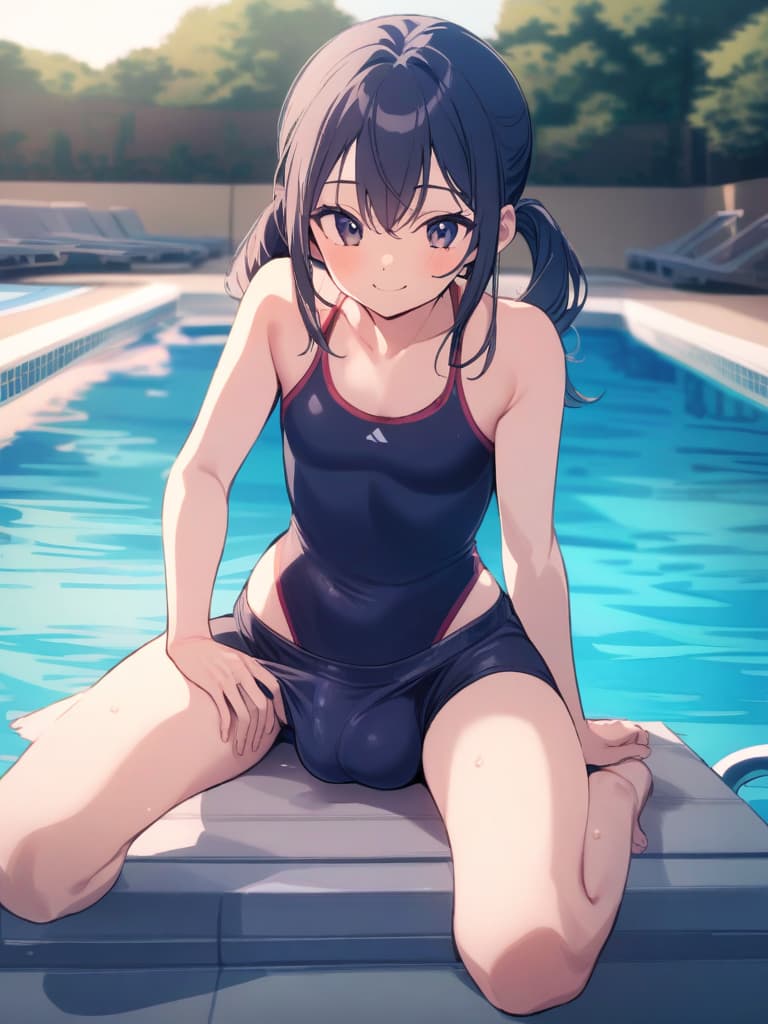  junior high s, twin tails, cute smiles, dark blue, dark blue swimwear, dark blue swimwear, large swimwear (double ual equipment, shaped clear, bulge, male bulge, swelling), front legs, whole body, pool, pool, pool, pool.