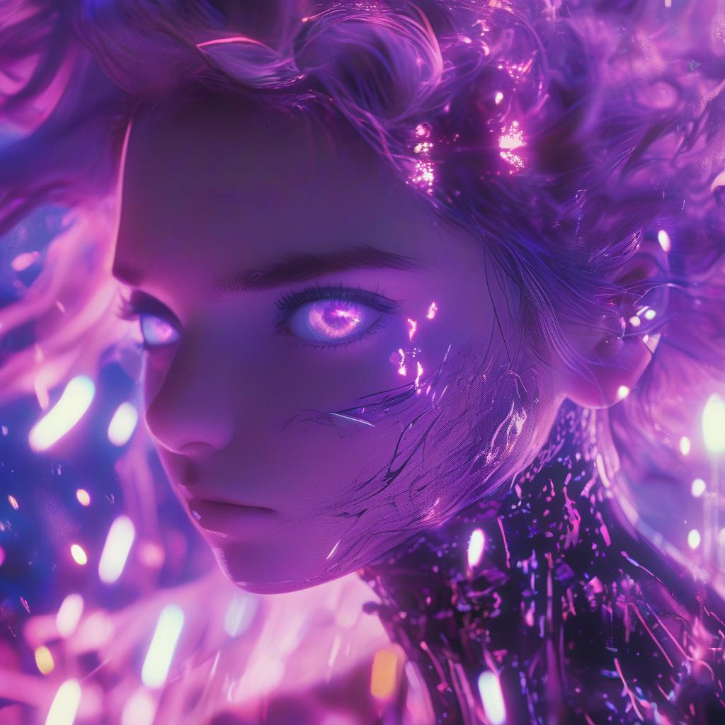  cinematic photo a close up of a person with blue eyes, artwork in the style of guweiz, led glowing purple eyes, oozing black goo, webtoon, cortana, the anime girl is running, synthetic skin, violet lighting, power auras, nezha, f 8, shinkai, art for the film in color, by kanō naizen . 35mm photograph, film, bokeh, professional, 4k, highly detailed, glowneon, hkmagic, oil painting