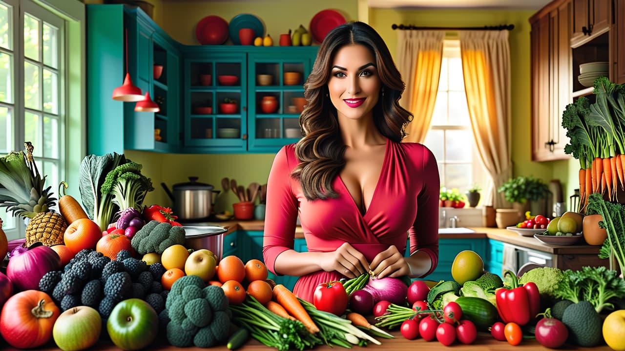  a vibrant table filled with an array of colorful raw fruits and vegetables, including leafy greens, bright berries, and crunchy carrots, set against a sunlit kitchen backdrop, evoking freshness and vitality. hyperrealistic, full body, detailed clothing, highly detailed, cinematic lighting, stunningly beautiful, intricate, sharp focus, f/1. 8, 85mm, (centered image composition), (professionally color graded), ((bright soft diffused light)), volumetric fog, trending on instagram, trending on tumblr, HDR 4K, 8K