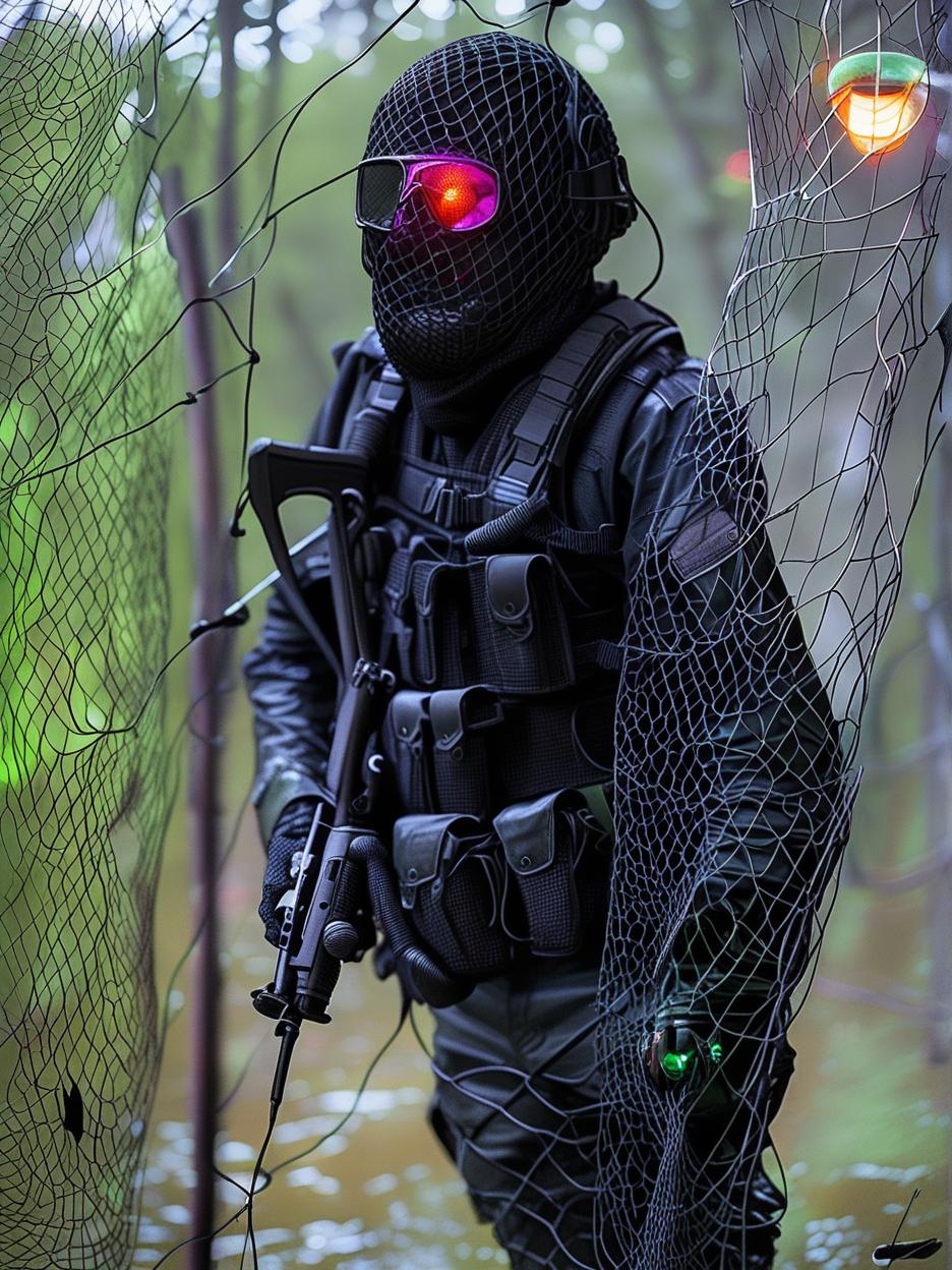  best quality, hd, profile pic create an image featuring a danish navy frogmen style helmet covered by a dense, dark black net that extends over their entire face. beneath this net, the musician wears a neon face mask with a glowing led circle prominently in the center. the neon circle should be visible through the net, the helmet should have the distinctive, utilitarian design of the danish frogmen, emphasizing its rugged and tactical appearance full black. the overall ambiance is dark and covert, with the netting making the face underneath invisible. the glowing neon circle frames the hidden face, creating a dramatic contrast between the dark, intricate net and the bright, shining neon.