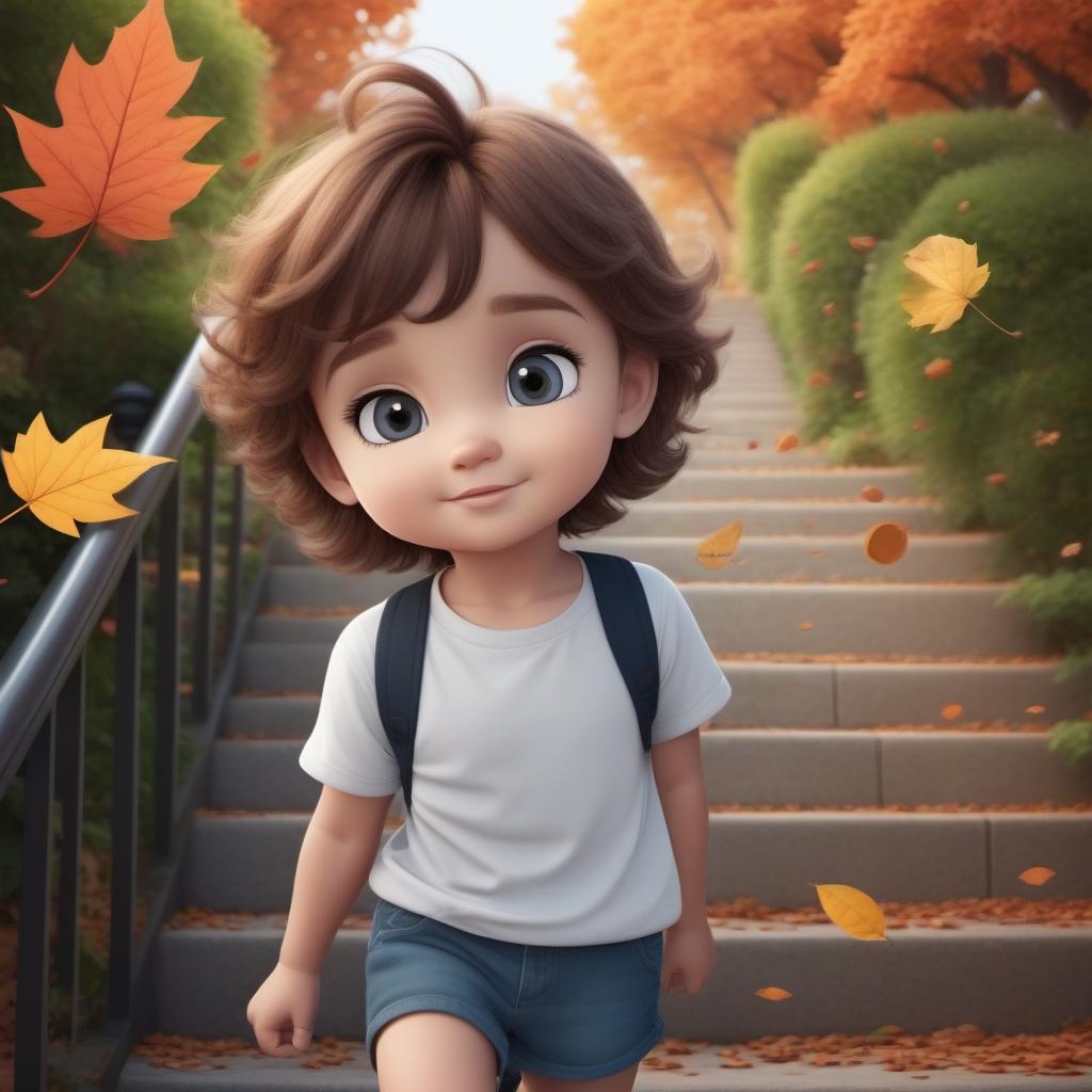  A cute cartoon child with big gray eyes and plump lips, freckles on a snub-nosed face runs up the stairs to meet a leaf fall to draw details a dynamic picture in the style of a comic, cartoon, fantasy anime