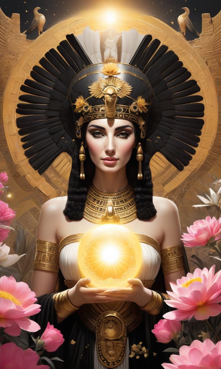  concept art black, white, gold, pink cleopatra holds the sun in her hands, many flowers near sphinx . digital artwork, illustrative, painterly, matte painting, highly detailed, perfect hands