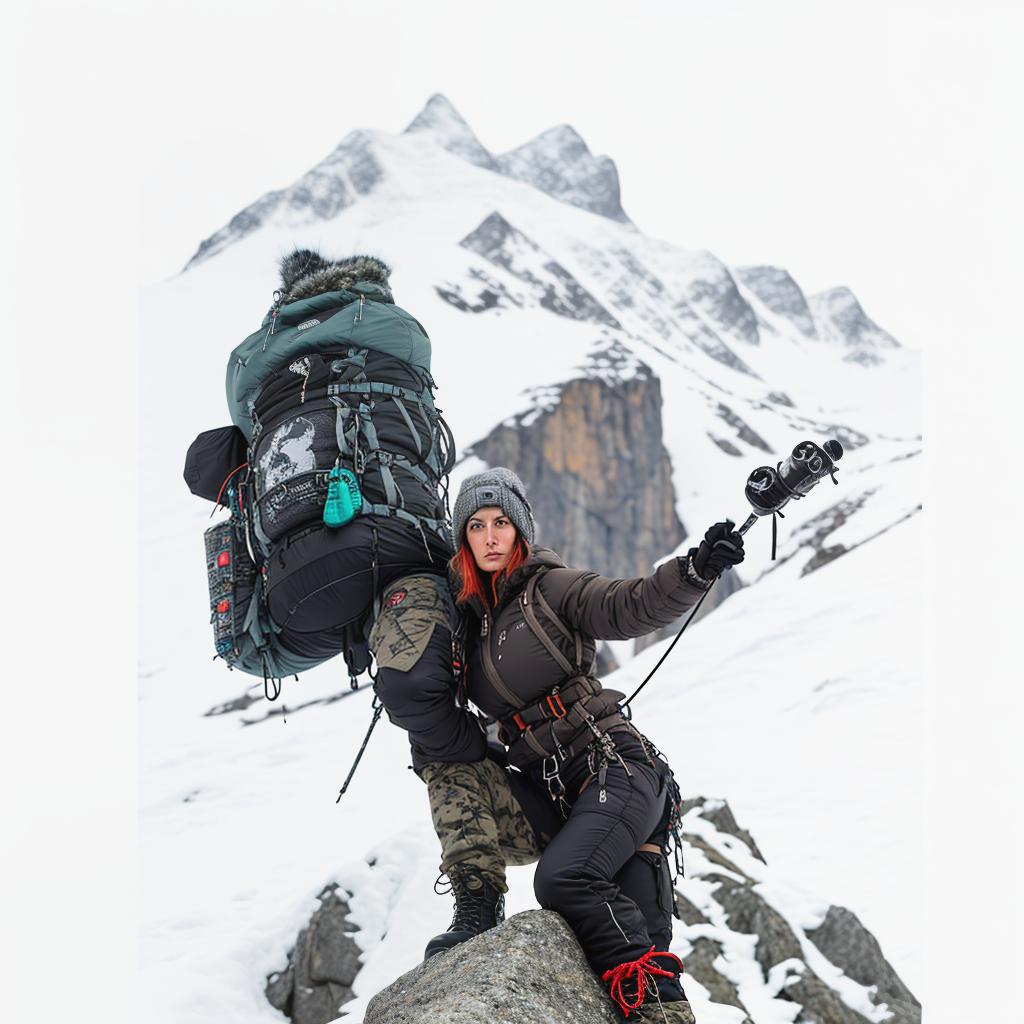  in the dim, foreboding world of naturepunk, an intrepid british adventurer stands among the towering mountains, clad in a mountain climber outfit with a pop punk aesthetic and a touch of nordic flair features a rugged, insulated jacket with bold, graffiti style patches and safety pins, paired with durable, black cargo pants. she wears sturdy, spiked climbing boots with neon laces and a fur lined hood to combat the cold. her accessories includes a studded belt, fingerless gloves, and a beanie adorned with nordic runes, blending practicality with edgy, rebellious style. (in a marker sketch drawing reminiscent of pop art, the scene captures the windy autumn day with light pillars casting long shadows.:3) the adventurer's outfit contrasts sharp hyperrealistic, full body, detailed clothing, highly detailed, cinematic lighting, stunningly beautiful, intricate, sharp focus, f/1. 8, 85mm, (centered image composition), (professionally color graded), ((bright soft diffused light)), volumetric fog, trending on instagram, trending on tumblr, HDR 4K, 8K