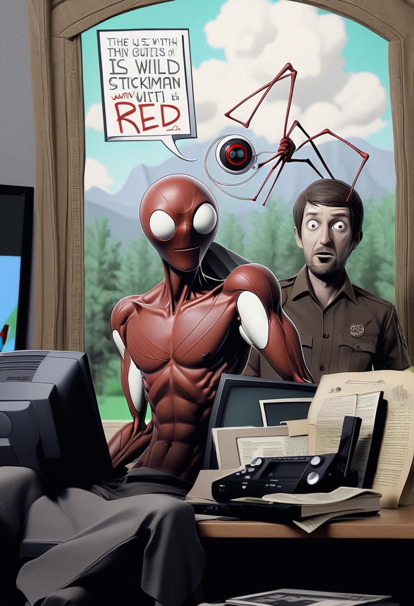  the red stickman runs at us with the tv in his hand