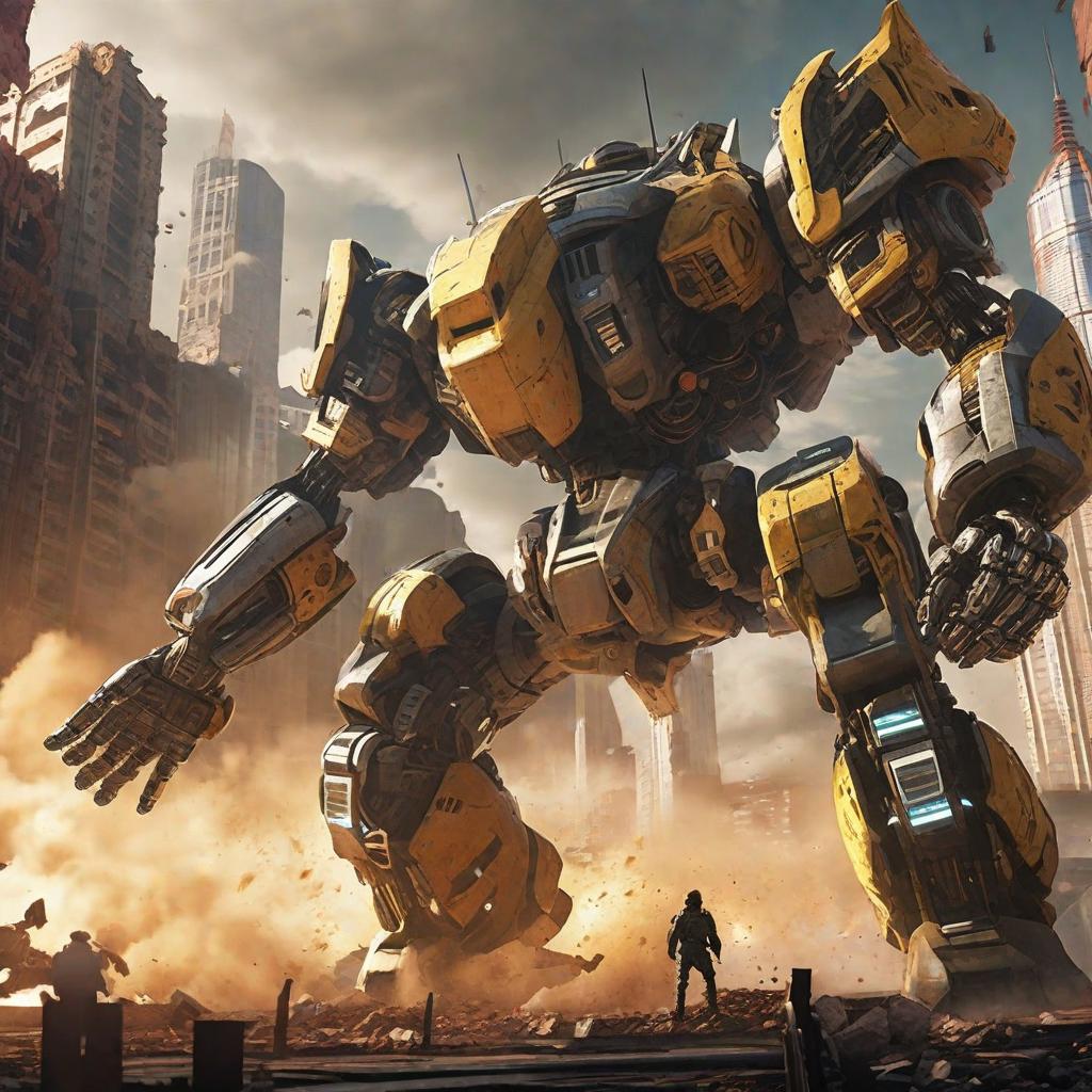  masterpiece, best quality, An epic anime design depicting a futuristic world where giant cheese mechs battle against invading alien forces in a post-apocalyptic cityscape. The environment is a war-torn city with crumbling skyscrapers and futuristic technology scattered throughout. The mood is intense, action-packed, and suspenseful, with a sense of urgency and impending danger. The style is inspired by Japanese mecha anime, with intricate mechanical designs and dynamic action scenes. Realized in a 3D CGI animation style with realistic lighting and effects to enhance the intensity of the battle.