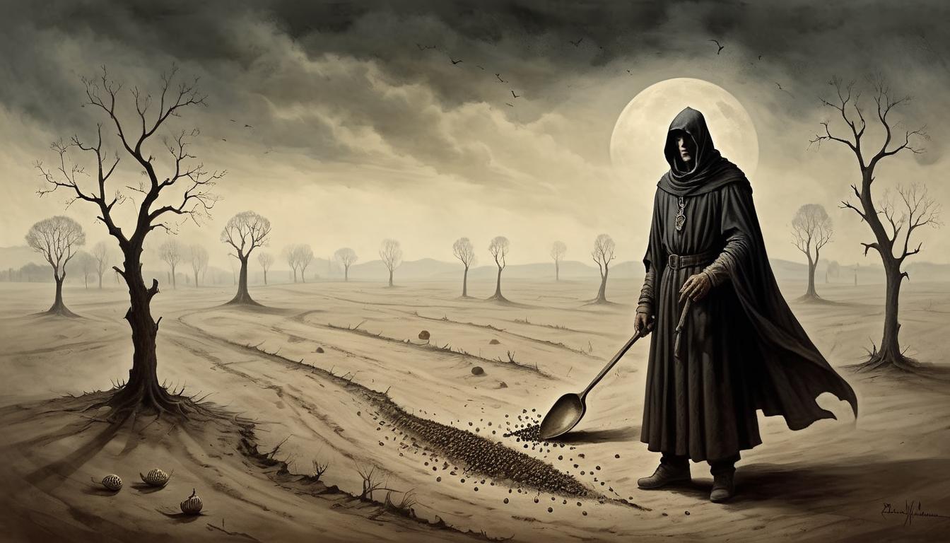  on parchment, surrealism+++, shadowy hands sowing seeds in barren ground, foreboding atmosphere, hints of impending doom(mysterious, provocative, symbolic,muted color)+++