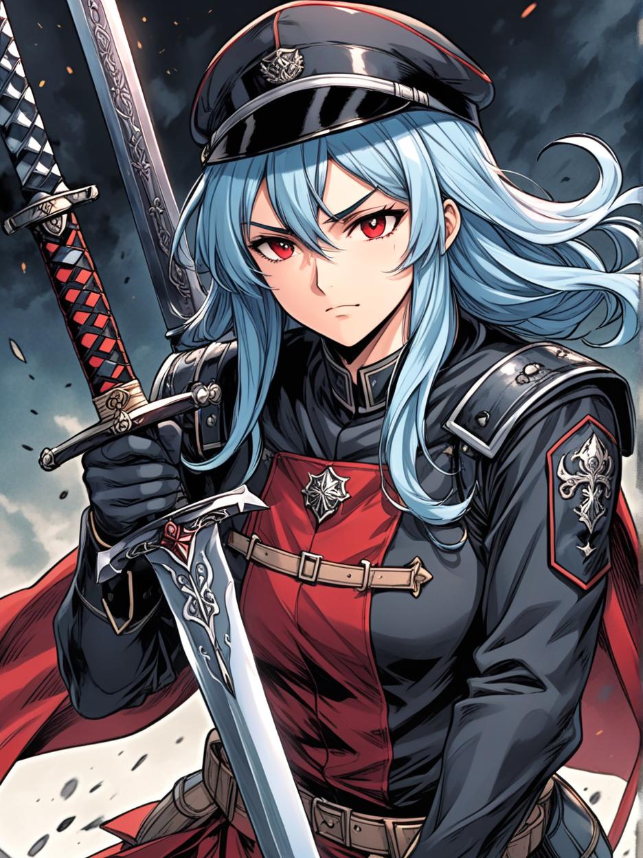  manga artwork a woman. black and red outfit, her outfit that looks like a military uniform is something she prepared as a hobby when she was drafted as a servant. with a black military hat with red details. gold details on his military outfit, red uniform. she has light blue eyes, silver and cyan blue hair, very long. menacing sword, larger and sharper sword. menacing expression, hunter's eyes. details, 8k.. manga artist. manga, highly emotional. best quality, high resolution