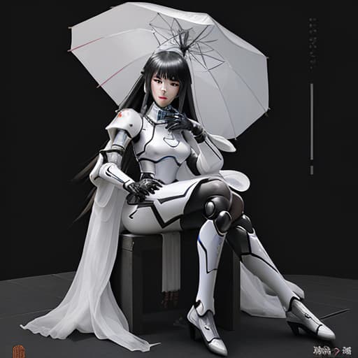  beautiful chinese wearing white and black mecha armor, full body photo with long hair, sitting on the ground holding an umbrella in her hand, in the style of cyberpunk, with a futuristic robot design and mecha armor details, to waist ratio of 3/4, full body photo, in the style of cyberpunk.