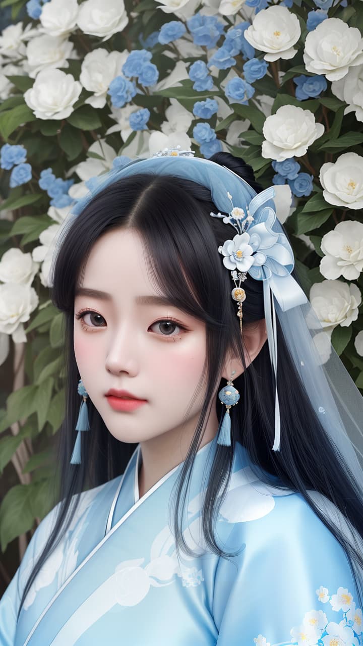  masterpiece, best quality, (fidelity: 1.4), best quality, masterpiece, ultra high resolution, poster, fantasy art, very detailed faces, 8k resolution, chinese style, an woman, side face, quiet, light blue hanfu, tulle coat, long black hair, light blue fringed hair ornament, hairpin, white ribbon, white flower bush, light blue butterfly flying, cinematic lighting effects