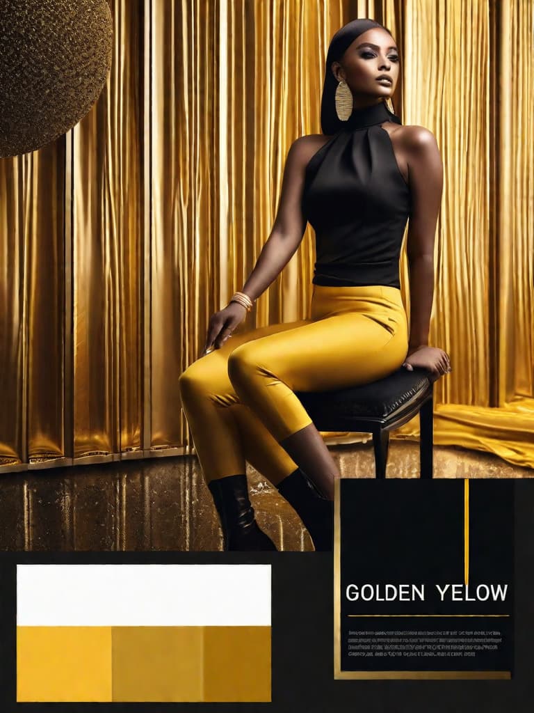  Golden yellow and sleek black color palette, captivating and inviting expression, exuding elegance and charm, magnetic beauty, intricate details, high contrast, luxurious feel, digital art, female, glossy finish, striking composition, dynamic lighting to enhance features.