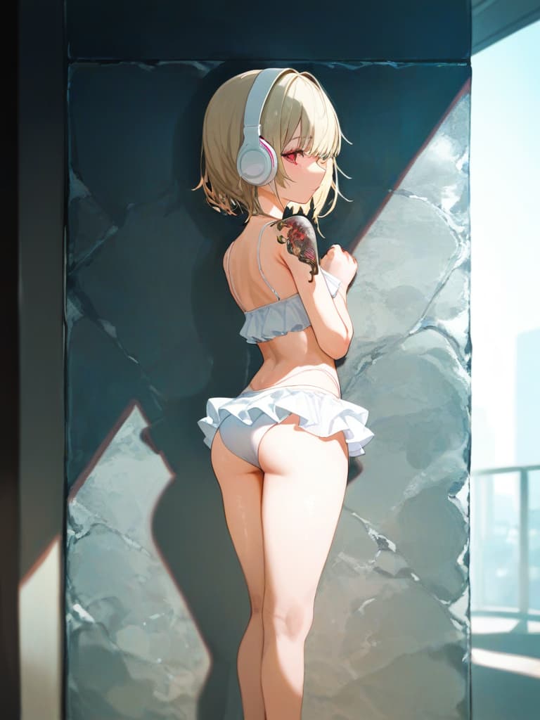  white swimwear, white headphones, blonde twin tails, pools, poses on the wall, pose to show your back, , foot, whole body, frill pareo, snake tattoo on , snake tattoos, masterpiece, best quality,8k,ultra detailed,high resolution,an extremely delicate and beautiful,hyper detail