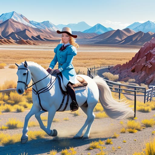  Wonderland valley with a beautiful woman on a white horse,