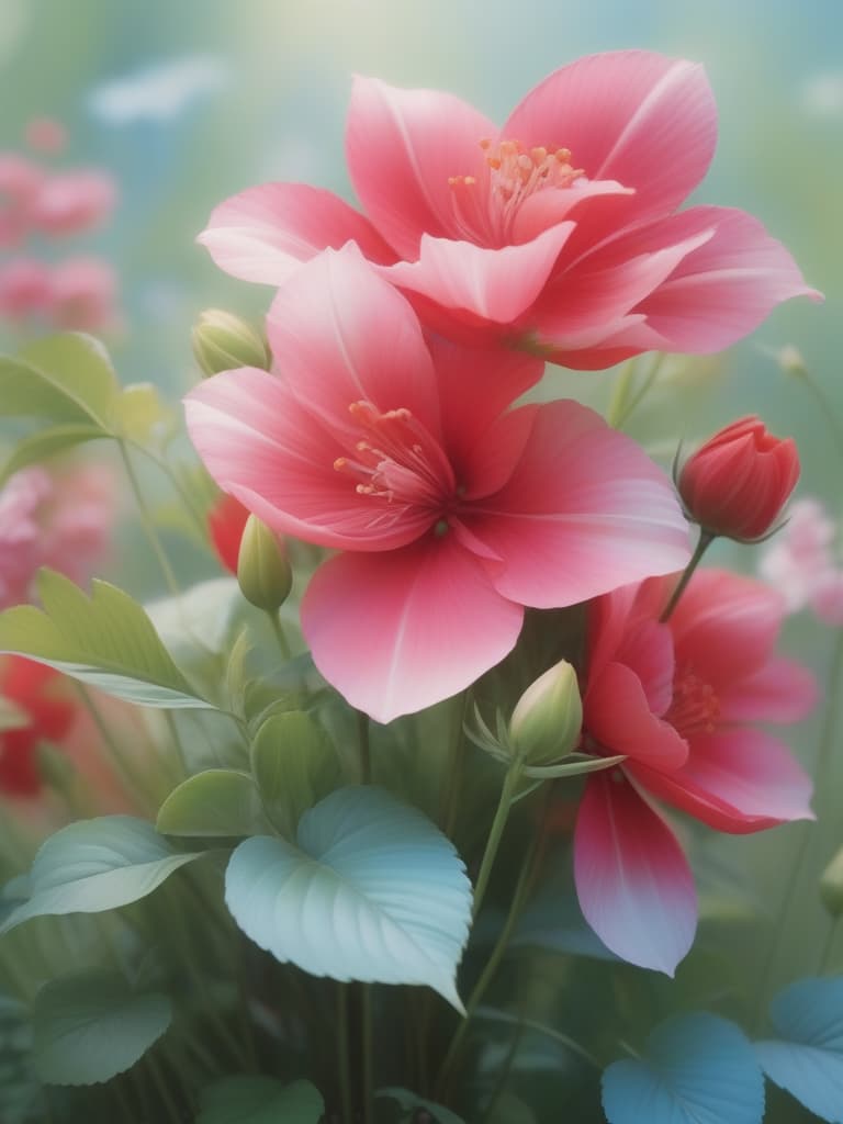  stylized, abstract painting featuring a floral arrangement. the layout is vertical, with the flowers and leaves extending upwards. the subject consists of vibrant red and pink flowers with smooth, rounded petals, and elongated green leaves. the background is a soft, muted gradient of light blues and greens, providing a gentle contrast to the bold colors of the flowers. the painting has a soft, almost blurred quality, giving it a dreamy and serene feel. there are no people, text, or logos present in the image.