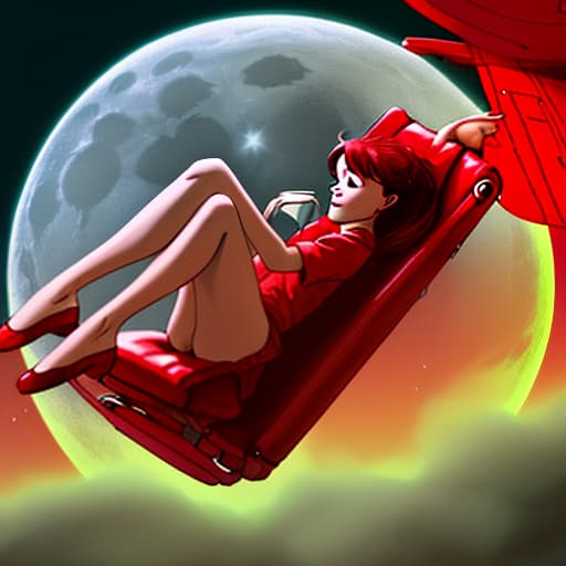  3 regular red chairs in zero gravity hover near the moon, realistic, conventional, literal