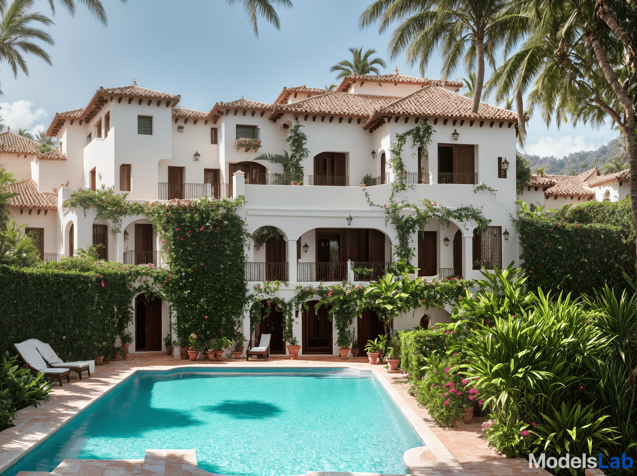  beautiful spanish style villa with tropical touch. keep small and simple hyperrealistic, full body, detailed clothing, highly detailed, cinematic lighting, stunningly beautiful, intricate, sharp focus, f/1. 8, 85mm, (centered image composition), (professionally color graded), ((bright soft diffused light)), volumetric fog, trending on instagram, trending on tumblr, HDR 4K, 8K