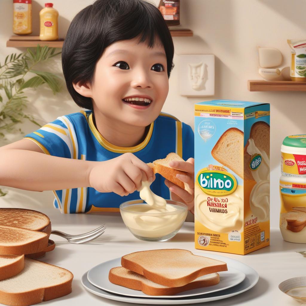  Masterpiece, best quality, box with bimbo brand, containing toast and mayonnaise package, natural light, soft light