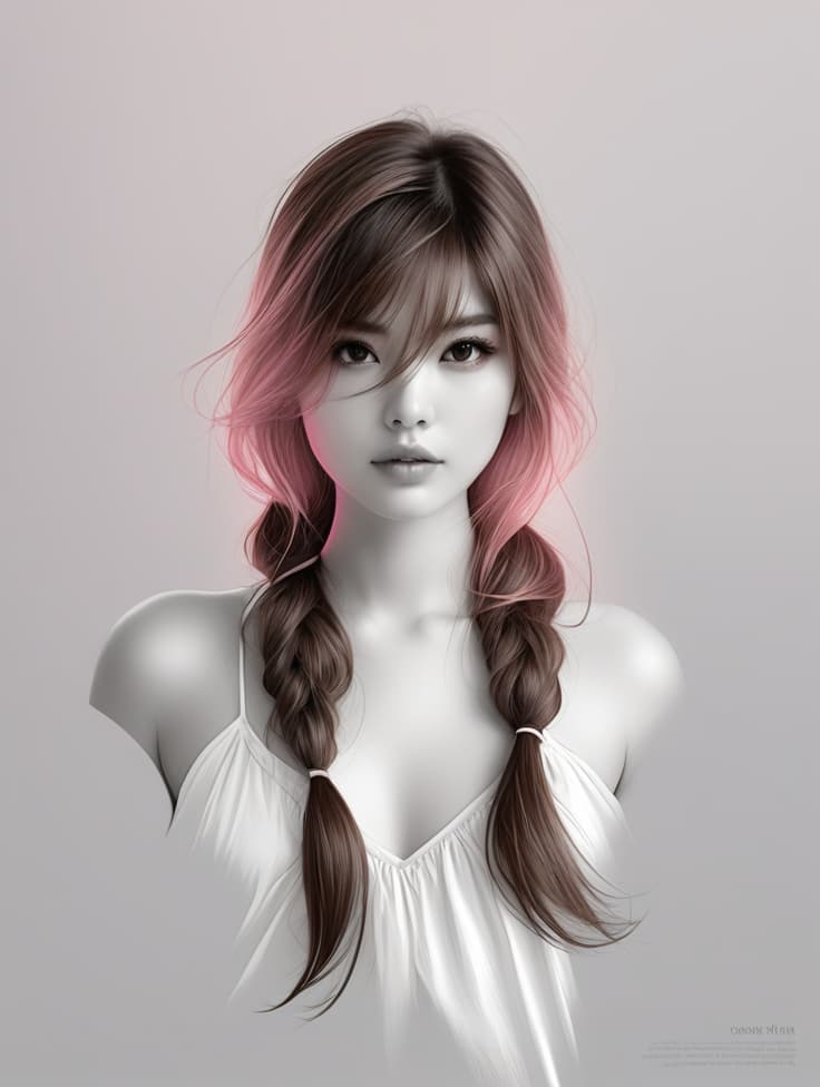  line art drawing beautiful , a nightgown , clear face and body , high detailed, brown faded to pink faded back to brown hair, black eyes. professional, sleek, modern, minimalist, graphic, line art, vector graphics