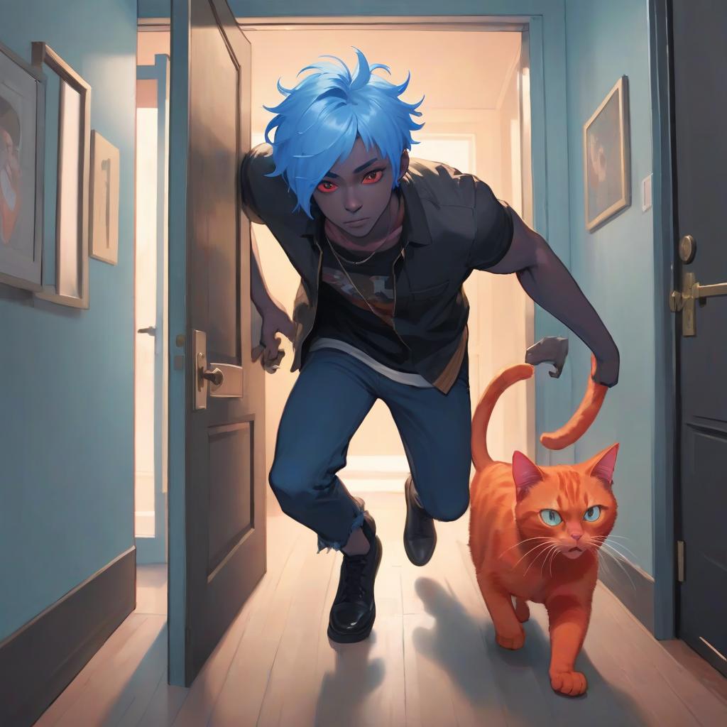  a young man with blue hair with a red cat behind a black man moves through the door to a bright room