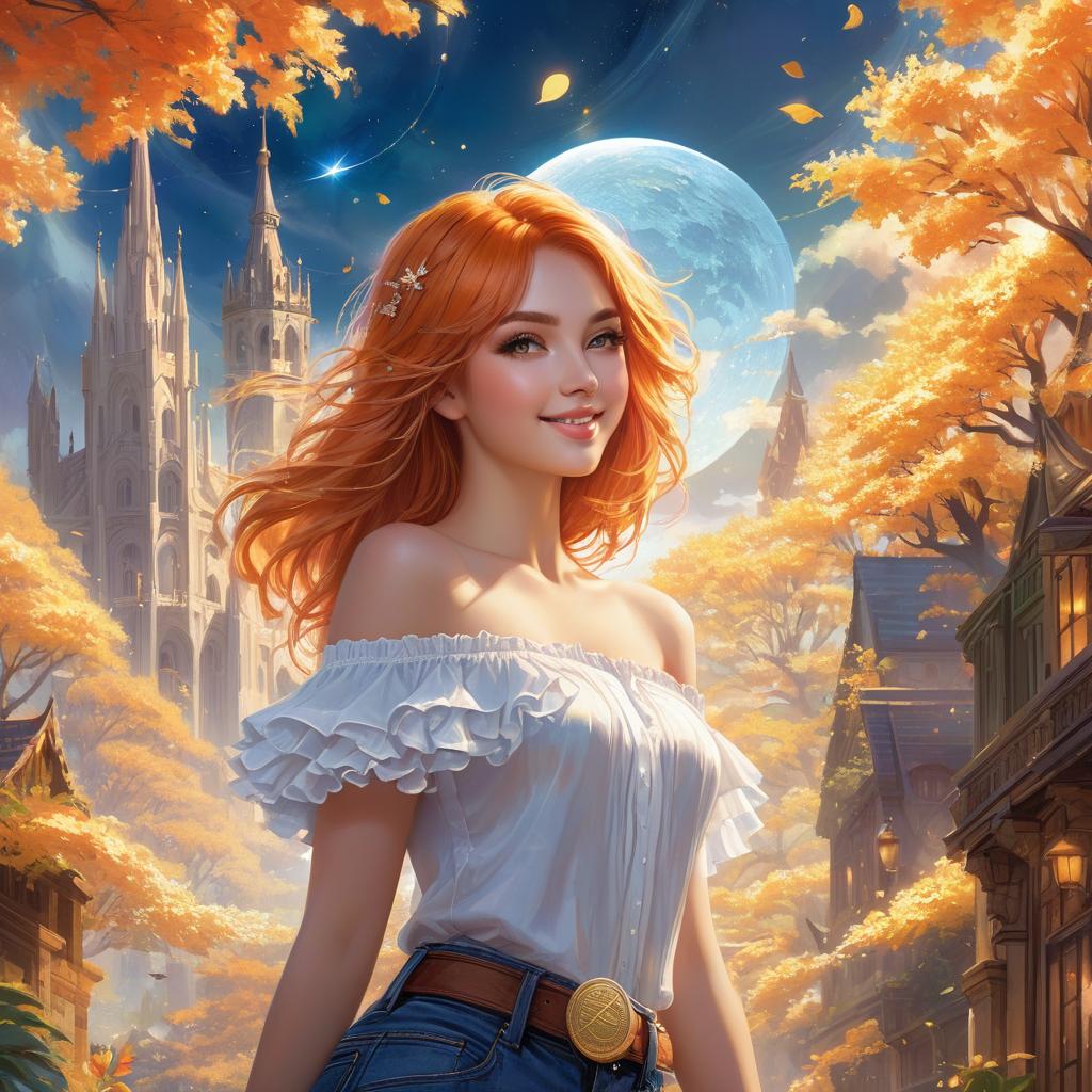  ethereal fantasy concept art of best quality, masterpiece, high resolution, beautiful eyes, bitcoin detailed background, (1 , solo:1.5),bobcut, orange hair,(flax eyes),(smile),(off shoulder frill and tight jeans),(large s), (backlighting),(face lighting),(close view:0.8),[pov:1.2], from above, summer, shiny, daytime in the city of bitcoin. magnificent, celestial, ethereal, painterly, epic, majestic, magical, fantasy art, cover art, dreamy