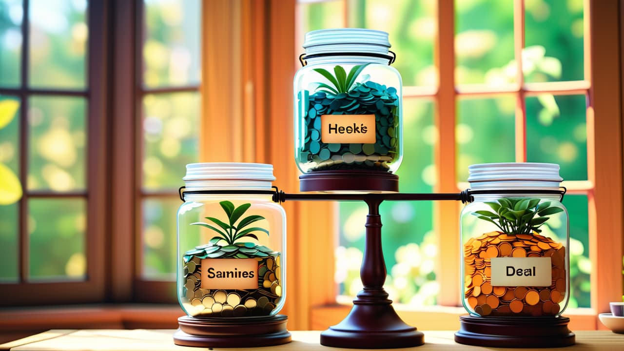  a balanced scale with vibrant jars labeled needs, wants, and savings, filled with colorful coins and bills, set against a serene background depicting a cozy home and flourishing plants, symbolizing financial harmony. hyperrealistic, full body, detailed clothing, highly detailed, cinematic lighting, stunningly beautiful, intricate, sharp focus, f/1. 8, 85mm, (centered image composition), (professionally color graded), ((bright soft diffused light)), volumetric fog, trending on instagram, trending on tumblr, HDR 4K, 8K