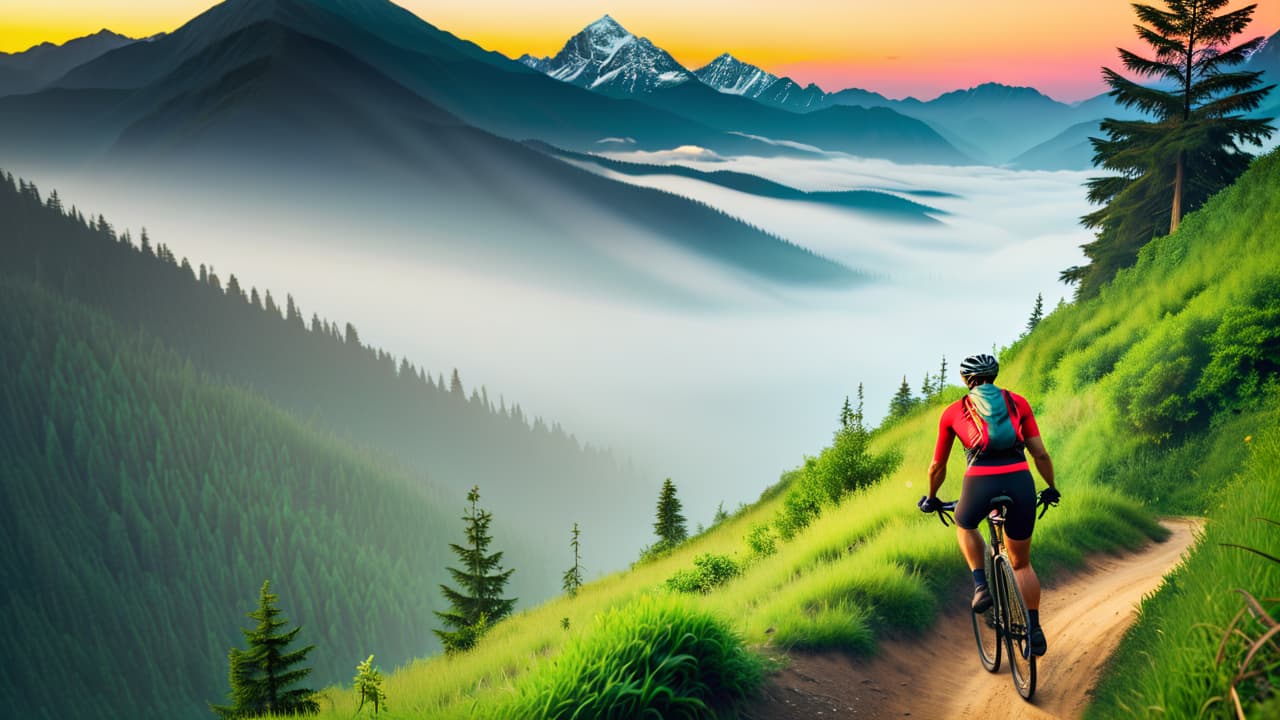  a vibrant mountain landscape with a rugged trail, a cyclist navigating steep terrain, surrounded by lush greenery and distant peaks, dynamic motion capturing the thrill of biking, emphasizing physical exertion and a healthy lifestyle. hyperrealistic, full body, detailed clothing, highly detailed, cinematic lighting, stunningly beautiful, intricate, sharp focus, f/1. 8, 85mm, (centered image composition), (professionally color graded), ((bright soft diffused light)), volumetric fog, trending on instagram, trending on tumblr, HDR 4K, 8K