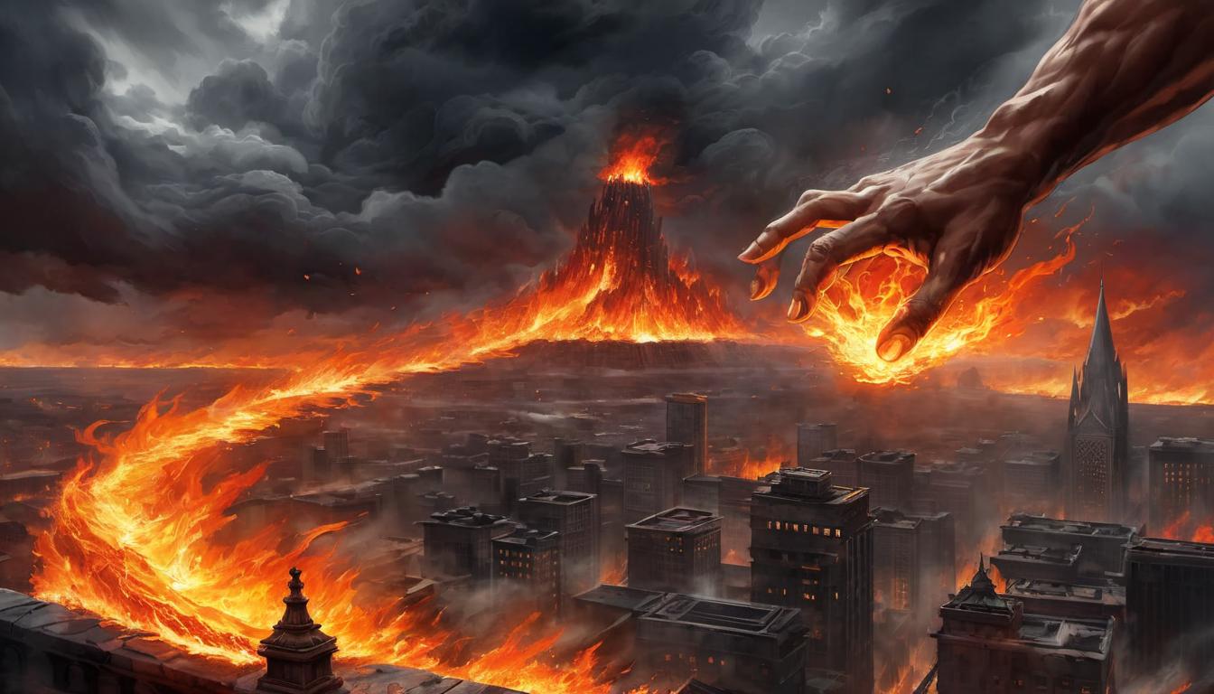  digital painting of a colossal hand reaching down from stormy clouds, city beneath engulfed in flames, symbol of divine intervention, wrathful, powerful, ominous. looking at viewer, dynamic pose, (intricate details, masterpiece, best quality)