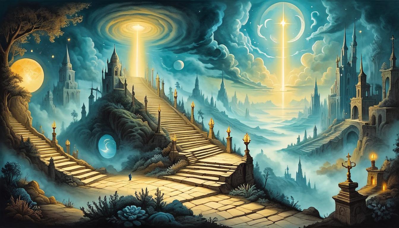  on parchment, surrealism+++, path made of glowing steps, ascending into the sky, divine light, upward journey, bright future, heavenly guidance(mysterious, provocative, symbolic,muted color)+++