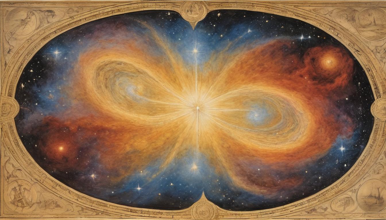  on parchment, surrealism++, a pulsating star at the center of an ethereal nebula, rays of light extending in all directions, cosmic, infinite, boundless(mysterious, provocative, symbolic)++