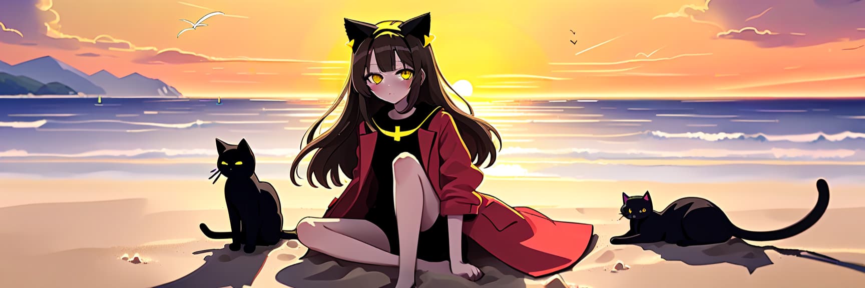  architectural style an anime style girl with cat ears sits on the sand next to a black cat on the beach. she has long dark brown hair, which flies slightly in the breeze. her face, with pronounced jewish and slavic features, radiates lively energy. brown eyes are full of deep emotions, as if reflecting the vast expanses of the ocean. she wears a bright yellow coat, which seems to shine, catching the eye and contrasting with the soft shades of the sunset. under her coat she wears a black shirt and black shorts are decorated with yellow elements, creating a stylish and dynamic look. a bright red sunset turns into night, and the bright red rays of the sun fall on the terrain and contrast with the night darkness. . clean lines, geometric shapes