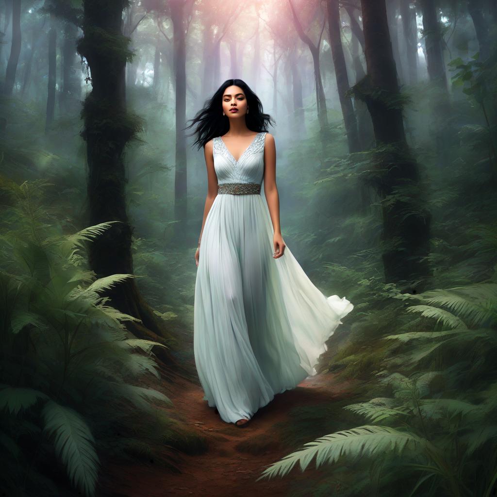  ethereal fantasy concept art of 1 young woman, black hair, long dress, barefoot, blind on an eye, in the forest, laughing evil. magnificent, celestial, ethereal, painterly, epic, majestic, magical, fantasy art, cover art, dreamy