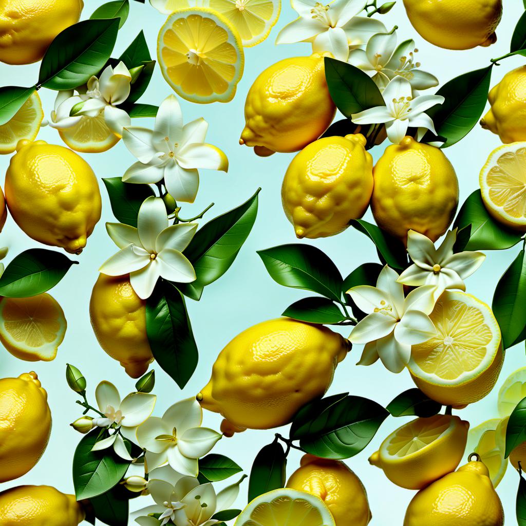  hyperrealistic art background with a pattern of large pieces of lemon and jasmine . extremely high resolution details, photographic, realism pushed to extreme, fine texture, incredibly lifelike