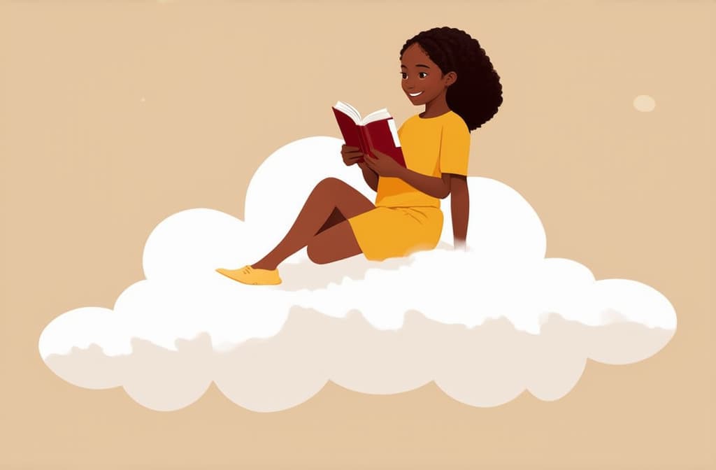  flat illustration, flaticon, (illustration:1.15), literary fan young african girl in the sky on a cloud reading a book. funny, abstract cartoon people on beige. 3d rendering. ar 3:2, [cory loftis, strobist, pascal campion :: 0.2]