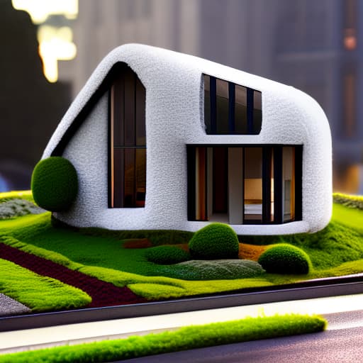 wa-vy style Realistic architectural rendering of a capsule multiple house within concrete giant blocks with moss and tall rounded windows with lights in the interior, human scales hyperrealistic, full body, detailed clothing, highly detailed, cinematic lighting, stunningly beautiful, intricate, sharp focus, f/1. 8, 85mm, (centered image composition), (professionally color graded), ((bright soft diffused light)), volumetric fog, trending on instagram, trending on tumblr, HDR 4K, 8K